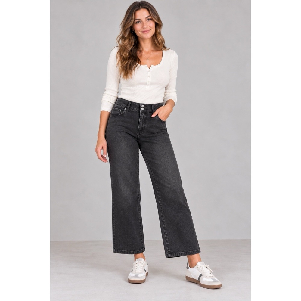 Kut from the Kloth Size 12 Lucy High Rise Wide Leg Jeans Black Stretch Denim